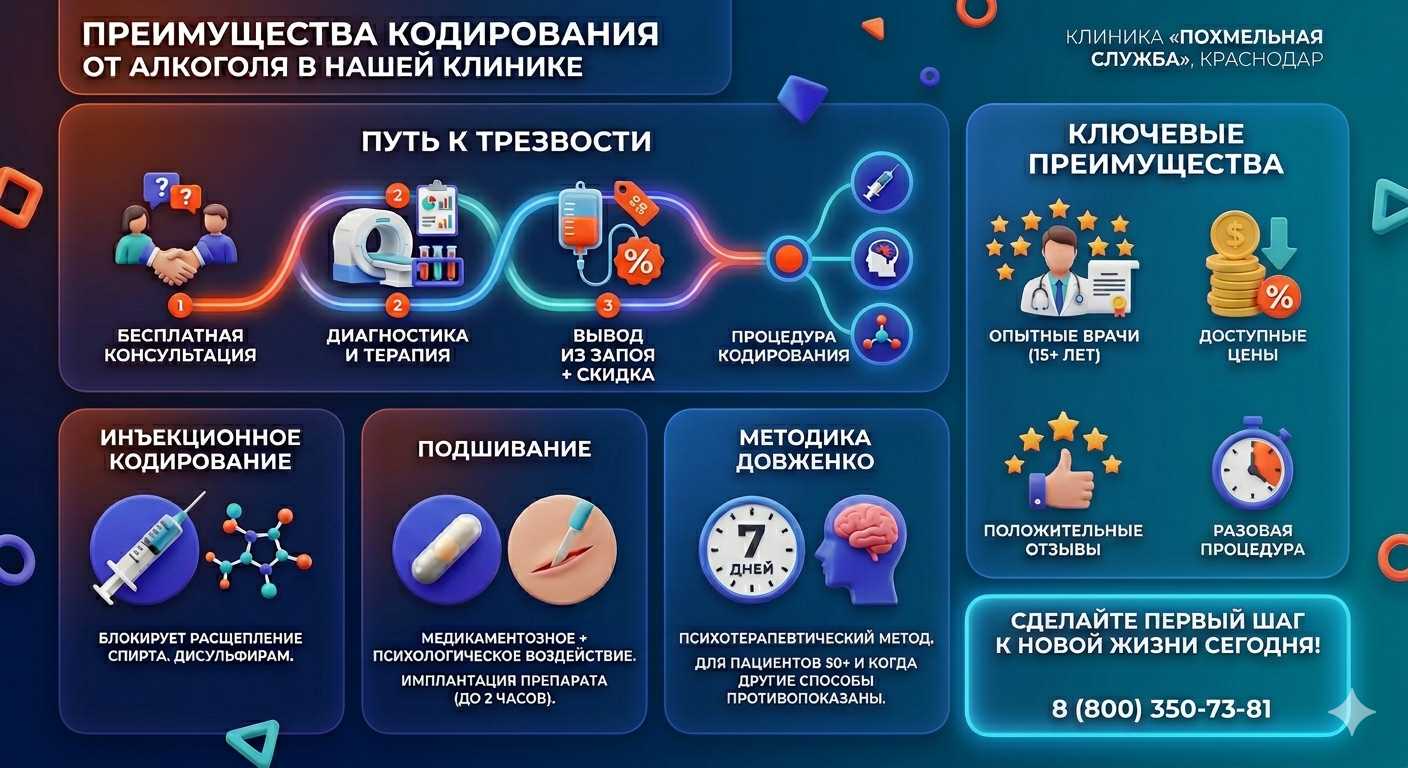 Инфографика о методах кодирования от алкоголя в Докучаевске: инъекции, подшивание, метод Довженко. Преимущества клиники и этапы лечения.