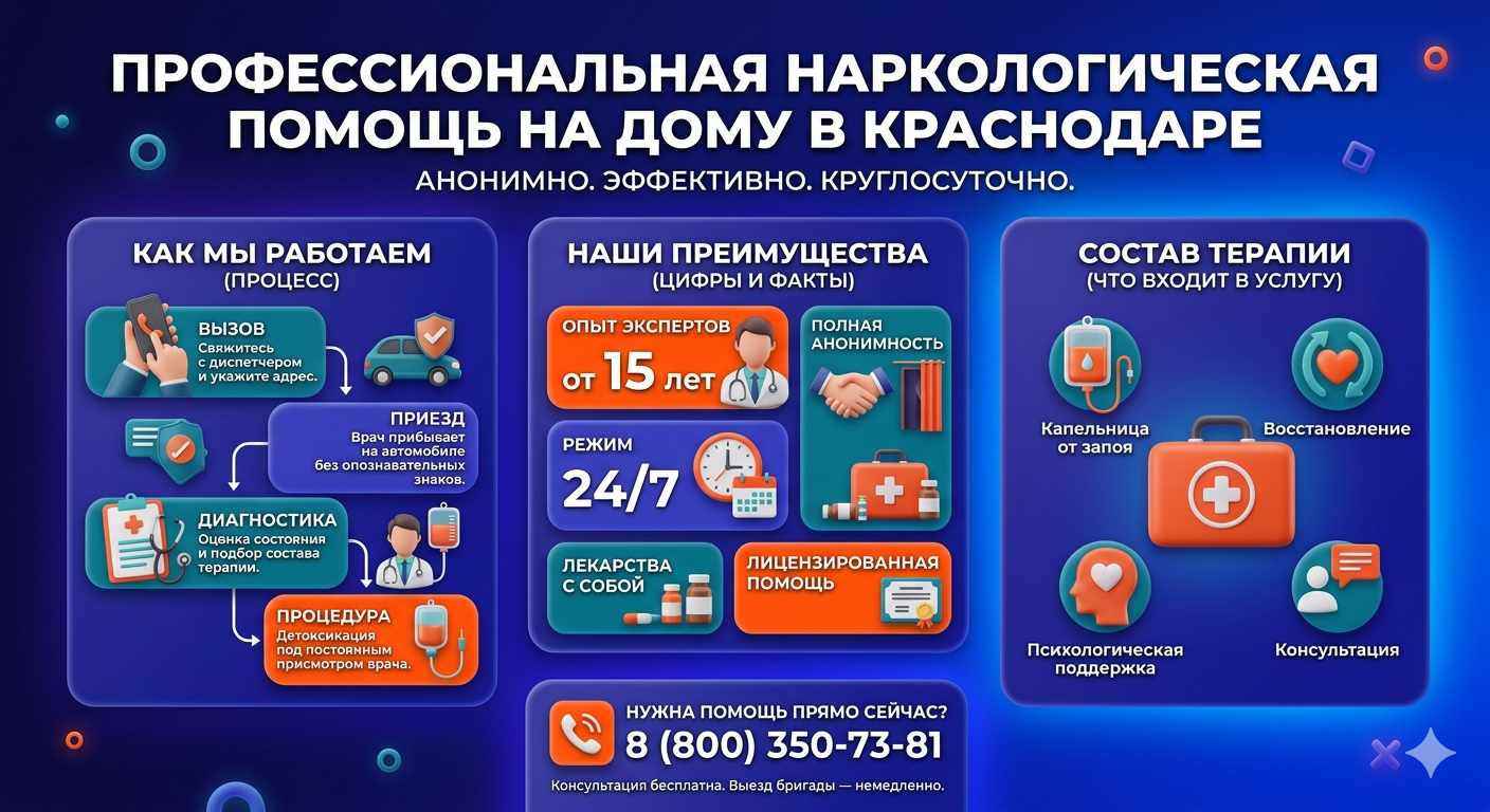Инфографика о принципах лечения алкоголизма на дому в Докучаевске: этапы вызова нарколога, преимущества анонимной детоксикации и состав медицинской помощи.